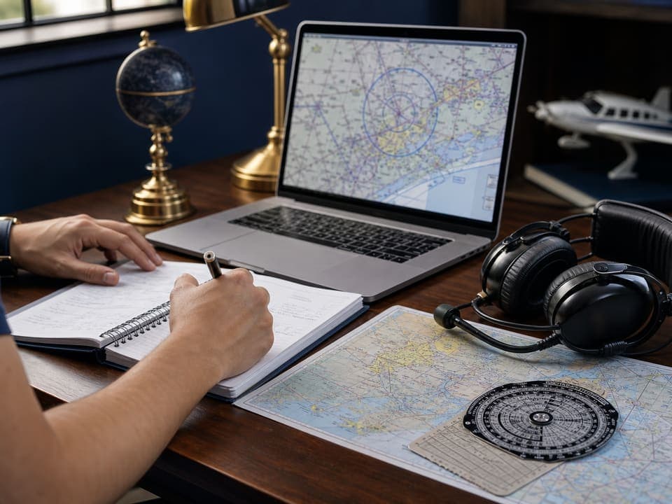 Estudo teórico de aviação com laptop e material de navegação